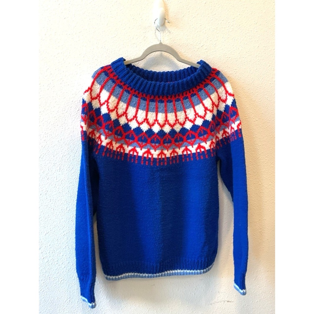 Homemade Vintage Knit Blue Sweater Size M/L Mock/Crew Neck  Red‎ White Design